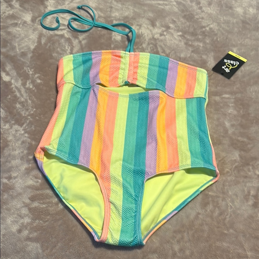 Art Class Blue and Green One-Piece Swimsuit with Textured Stripes